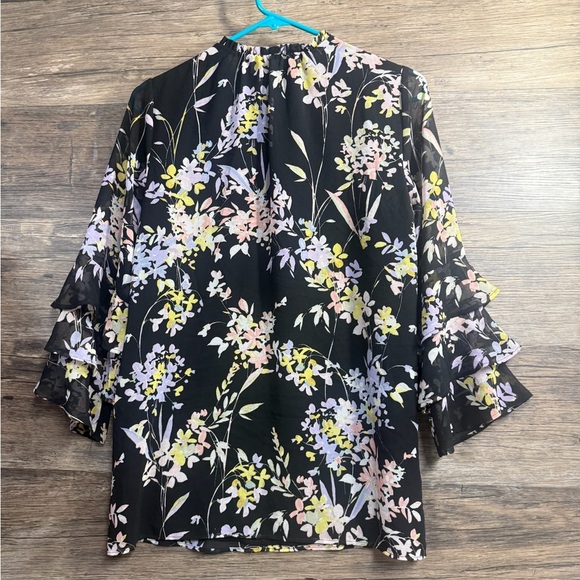 Calvin Klein Pink and Yellow Floral Ruffled Blouse with Bell Sleeves - Picture 2 of 6